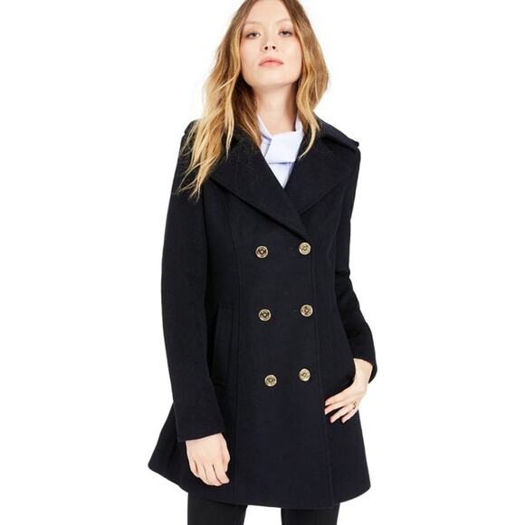 Michael Kors Double-Breasted Wool Blend Peacoat in Black Size S - Picture 1 of 9
